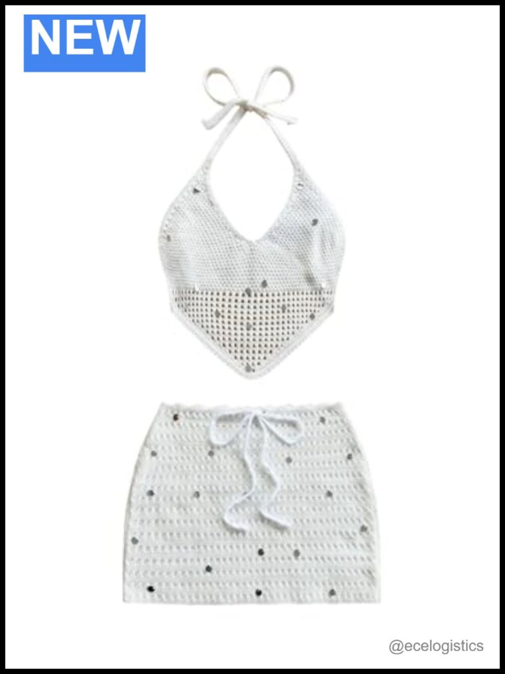 2 Piece Skirt Set Sequined Crochet Halter Tie Back Festival Outfit